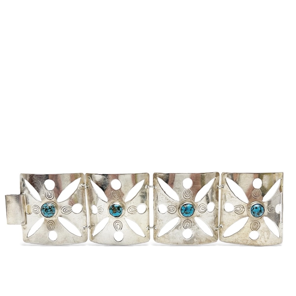 Vintage Modernist Sterling Silver Turquoise Cut Out Wide Panel Link Bracelet